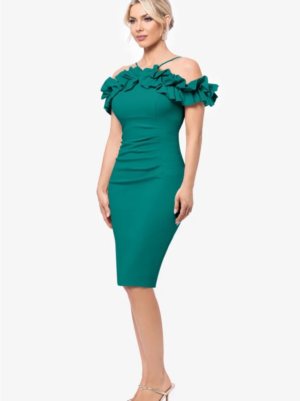 Xscape Green Scuba Crepe Off The Shoulder Halter Ruffle Sheath Dress